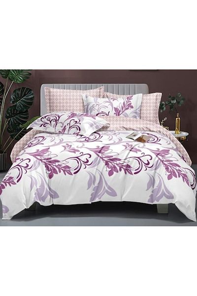 OEM Double Bed Linen Set, Abstract Print, 4 Pieces, 2 Persons, 180x200cm, Cotton Satin, White-Lilac