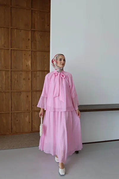 megapol Women's Pink Muslin Fabric Bow Collar Detailed Lined Hijab Double Suit