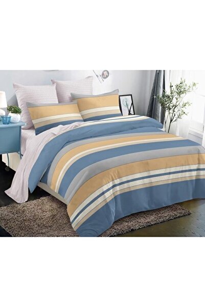 OEM Lenjerie de pat dublă, bumbac, 6 piese, pentru 2 persoane, imprimeu, 230x250cm, maro-albastru