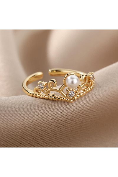 Eva Grace Mireya ring, gold, made of stainless steel, crown-shaped, decorated with zirconia and pearl, adjustable