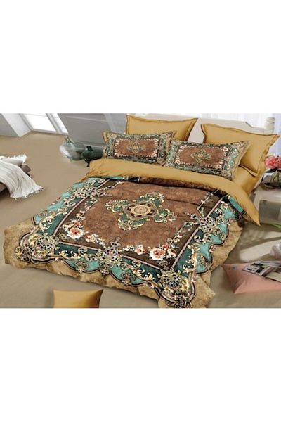 OEM Double Bed Set, Velvet, 6 Pieces, Floral Brown Print, 230x250cm
