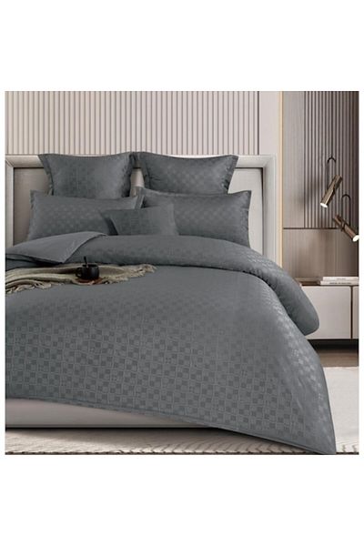 OEM Double Bedding Set, Checkered Model, Finet, 6 Pieces, 2 Persons, Uni, 180x200cm, Dark Gray
