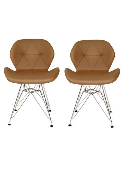 Taimi Pack Of 2-Brown Ergonomic PU Leather Upholstered Chair with Metal Legs for Modern Living Spaces