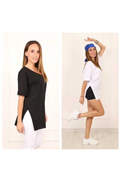 Sıvoza Kadın V Yaka Yanı Yırtmaçlı Oversize T-shirt Siyah-Beyaz 2 li.