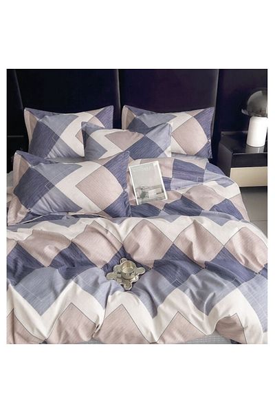 OEM Set lenjerie de pat dublu, 6 piese, 240x250cm, satin de bumbac, model geometric, bej-albastru