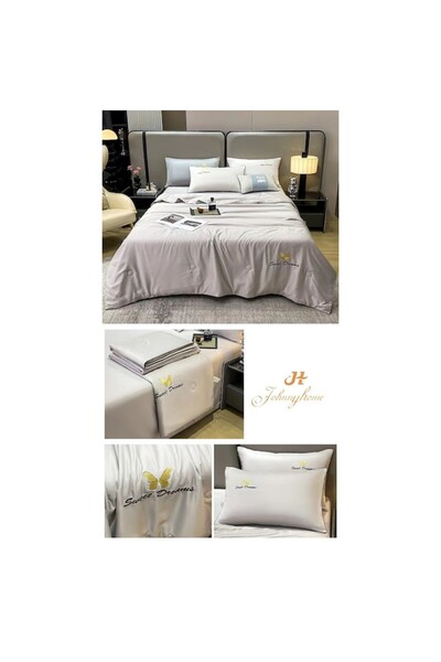 OEM Double bed linen set, with summer duvet, Uni, 4 pieces, 245x250cm, silk, light grey