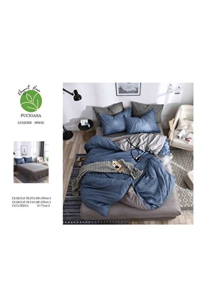 OEM Set lenjerie de pat, bumbac satinat, 4 piese, albastru/gri, 240x250 cm