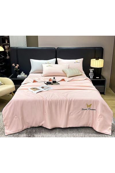 OEM Double bed linen set with summer duvet, Uni, 4 pieces, 2 persons, 245x250cm, Silk, Pink