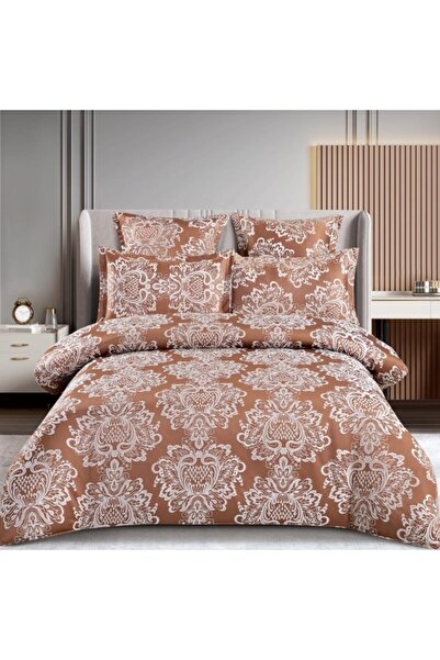 OEM Double Bed Linen Set, Elegant Silk Imitation, 6 Pieces, 180x200cm, Light Brown-White
