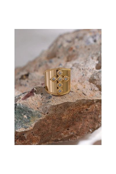 Eva Grace Theodora ring, gold, with cross pattern, made of 18K gold-plated stainless steel, adjustable