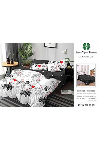 Pucioasa Double bed sheet set, Finet, 6 pieces, 2 persons, Love, 245x250cm, White-Grey