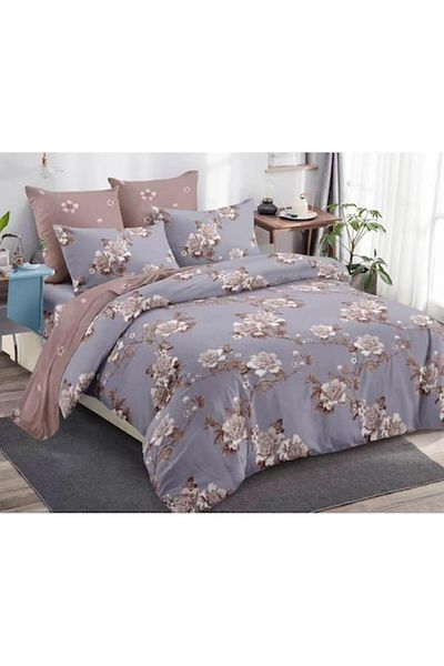OEM Double bed sheet set with elastic, Finet, 6 pieces, rose print, 180x200cm, grey