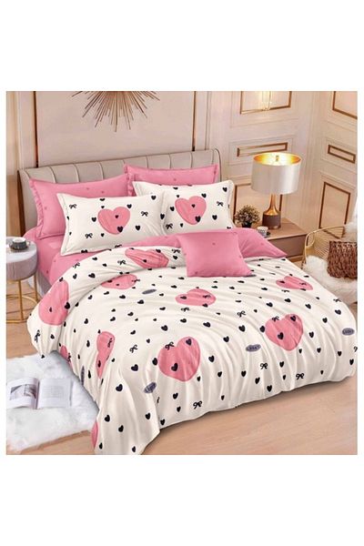 OEM Double Bed Linen Set, 6 Pieces, Reversible/with Elastic, Heart Print, 180x200cm, Satin Finet, Multic