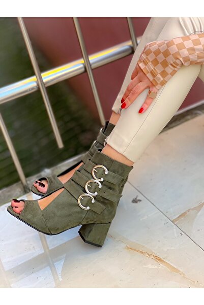 BERFONA Ellas Khaki Suede Suet Buckle 5 cm Heel Sandals Summer Boots