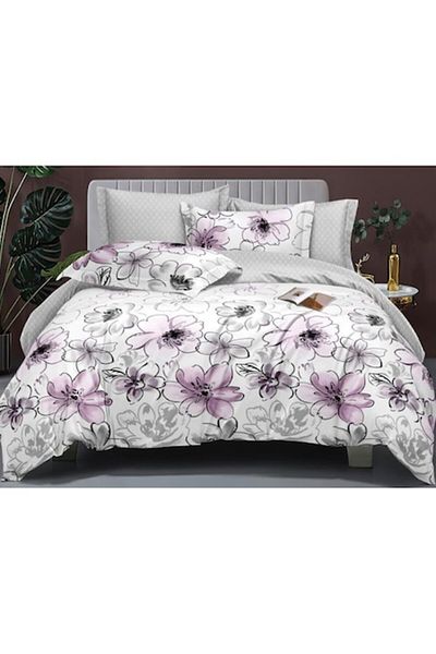 OEM Double Bed Linen Set, Floral Print, 4 Pieces, 180x200cm, Satin Cotton, White-Lilac