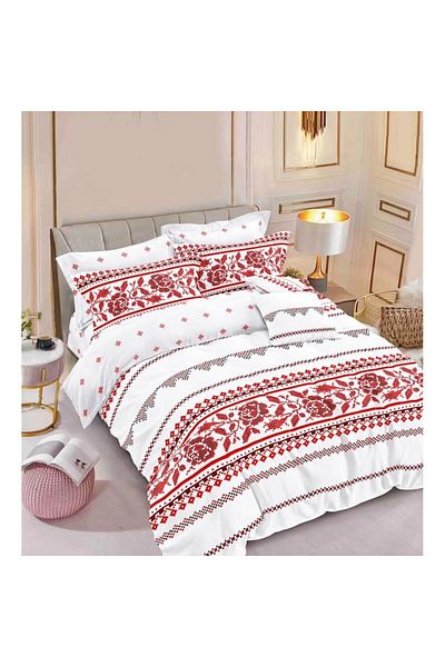 Pucioasa Double Bed Linen, Pucioasa, 6 pieces, traditional pattern, 240x250cm, M2, Cotton Satin, White Red