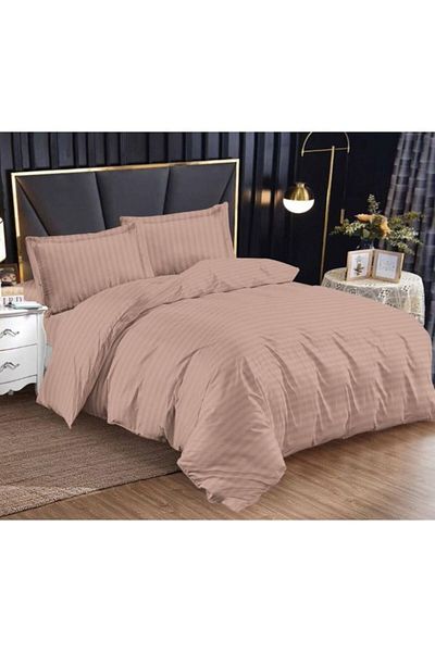 OEM Set de lenjerie de pat dublu, cearșaf elastic, damasc, 4 piese, persoană singură, uni, 140x200cm, cafea cu lapte