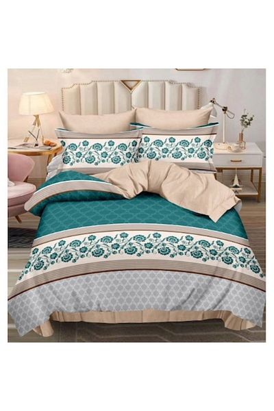 OEM Double Bed Sheet Set, 6 Pieces, 2 Persons, 240x250cm, Cotton Satin Material, Turquoise Beige Print