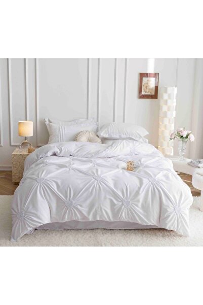 JOJO HOME Double bed linen set, Plain, with embroidered hearts, 6 pieces, Finet, 230x250cm, white