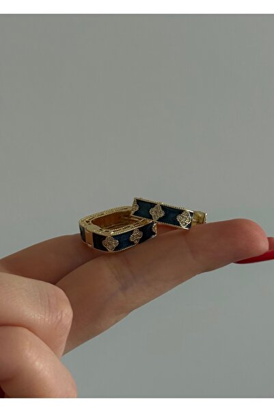 Home Sihra Accessories yonca zirkon taş detaylı kare oval halka küpe lacivert...