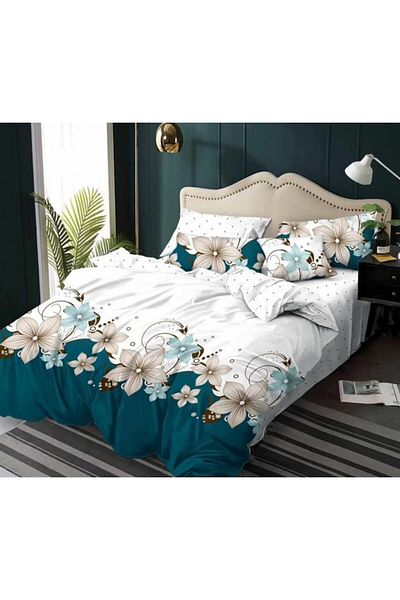 Pucioasa Double bed linen, Pucioasa, Finet, 6 pieces, 2 persons, White Flowers print, 245x250cm, White-Tur