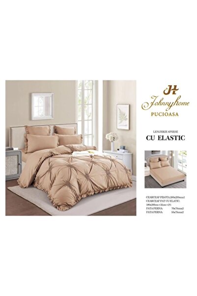 OEM Lenjerie de pat dublu, Uni, Model Inimi Brodate, 6 piese, Finet, 180x200cm, Cafea cu Lapte