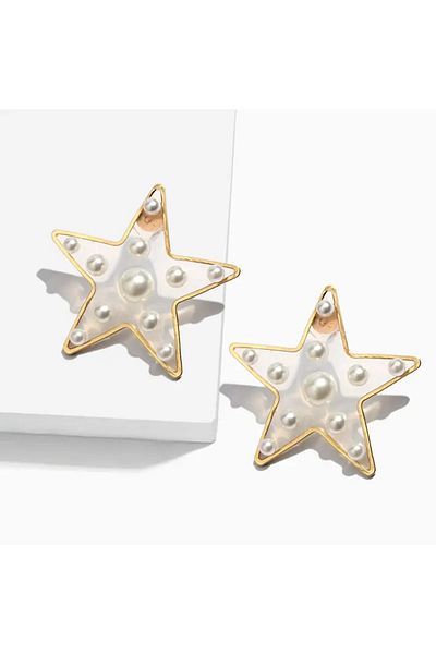Eva Grace Narcissa earrings, gold, star-shaped, decorated with pearls