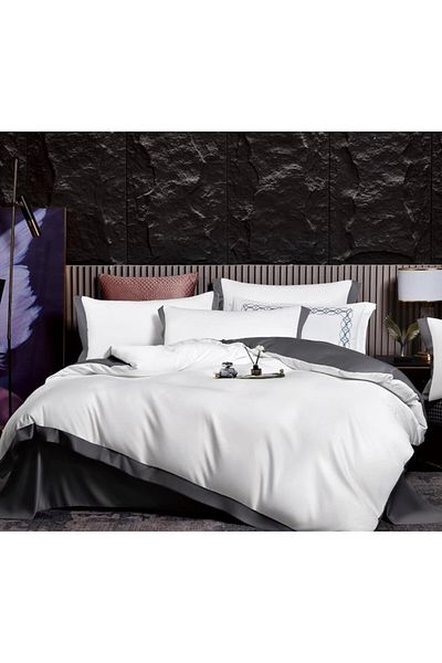 OEM Lenjerie de pat, Bicolor, Imitatie Matase, 2 persoane, 6 piese, 230x245cm, Alb-Gri