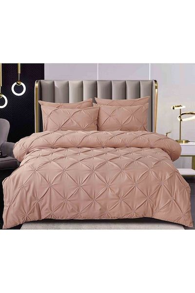 Pucioasa Set Lenjerie Pat Dublu, Pucioasa, Uni, Model Pliuri Brodate, 6 Piese, Finet, 230x250cm, Maro