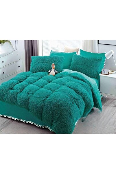 JOJO HOME Lenjerie de pat, Jojo Home, Fluffy, 2 persoane, 6 piese, Uni, 230x250cm, Turcoaz