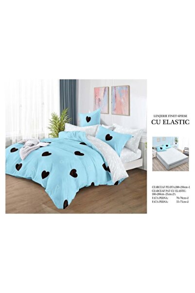 OEM Cearșaf de pat dublu, 6 piese, 2 persoane, 180x200cm, satin fin, inimioare, albastru deschis-negru