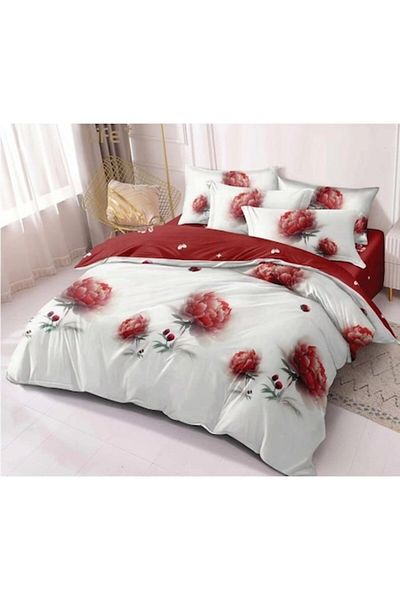 Pucioasa Double Bed Sheet Set, Pucioasa, Finet, 6 Pieces, 2 Persons, Red Peonies Print, 245x250cm
