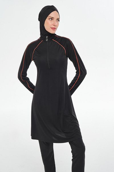 Birgül Bektaş Black Hijab Swimsuit Set with Piping Detail