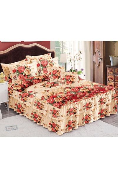 Pucioasa Double Bed Linen Set with Ruffled Sheet, Pucioasa, Finet, 6 Pieces, Floral Multicolor Print, 200x230