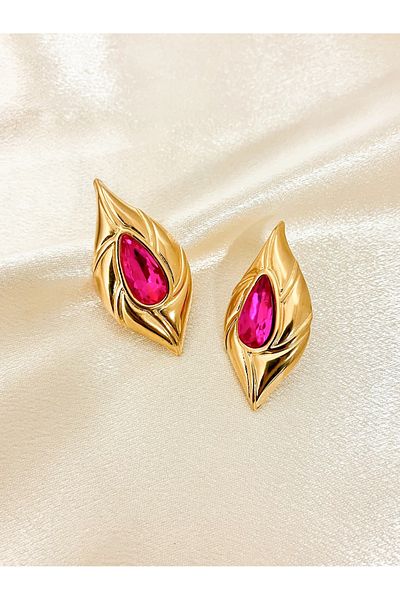 Eva Grace Nelda earrings, gold, with pink stones, made of stainless steel - Glamour Collection