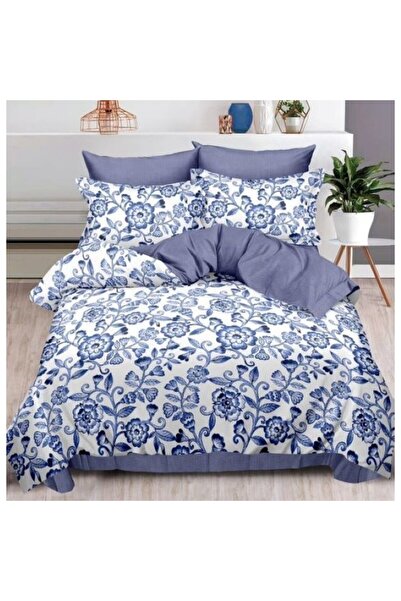 OEM Double bed linen set, double-sided, with roses, 6 pieces, 180x200cm, fine satin, white-blue