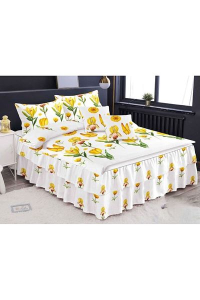 OEM Double bedding set, ruffled sheet, Spring, Yellow Flowers, 6 pieces, 2 people, Finet, 200x230cm