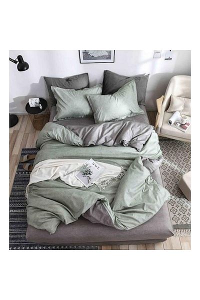 OEM Set bed linen, satin cotton, 4 pieces, grey/green, 240x250 cm
