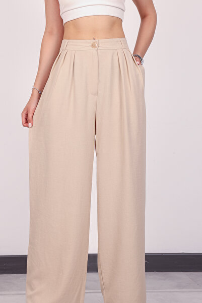 polle Pantaloni Palazzo din in, cu talie înaltă, plisați, pentru femei