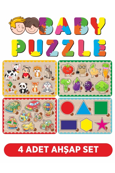 LİPYOS Hayvanlar, Taşıt, Geometri, Sebzelerden Oluşan Ahşap 4'lü Bultak Set