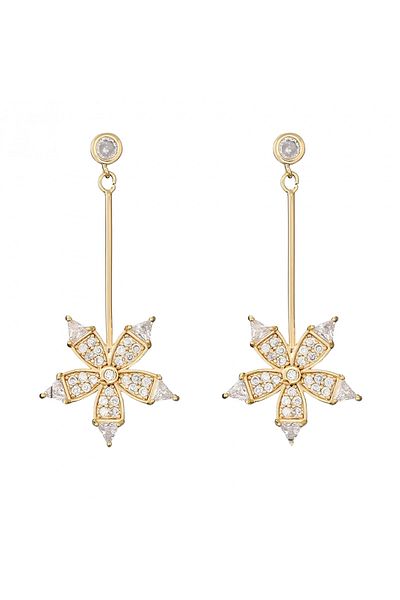 Eva Grace Octavia earrings, long, golden, flower-shaped, decorated with zirconia