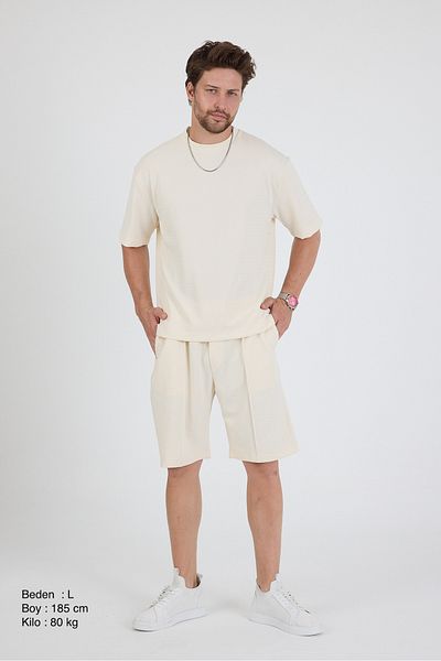 Cosplay Plain Knit T-Shirt Shorts Double Set