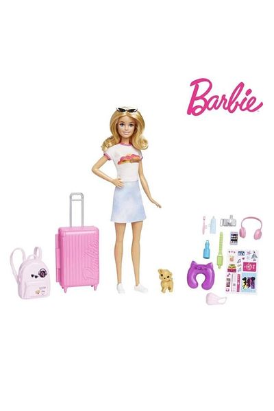 divendi-ro Păpușă Barbie gata de călătorie cu 10 accesorii incluse, vârsta 3+ ani, 21,5x5,5x32,5cm, roz