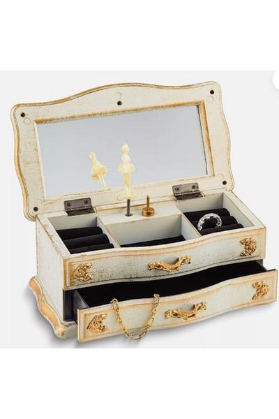 BLA BLA FOAM Musical Jewelry Box with Mirror, Floral Accent, Antique White and Gold, Bla Bla Foam 22x9 cm