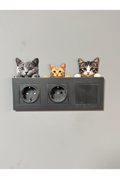 karbonsoft Üçlü Sevimli Kedi Figürlü Priz Üstü Süs - Dekoratif Aksesuar