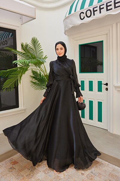 welting Şifon Baglamalı Kadın Tesettür Abiye Elbise Siyah