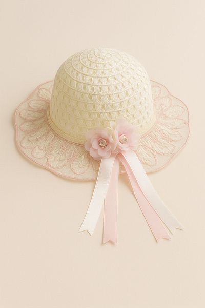 ESİLA KİDS Girls' Pink Bow Summer Straw Hat with Pearl and Bead Decoration 3-8 Years Old
