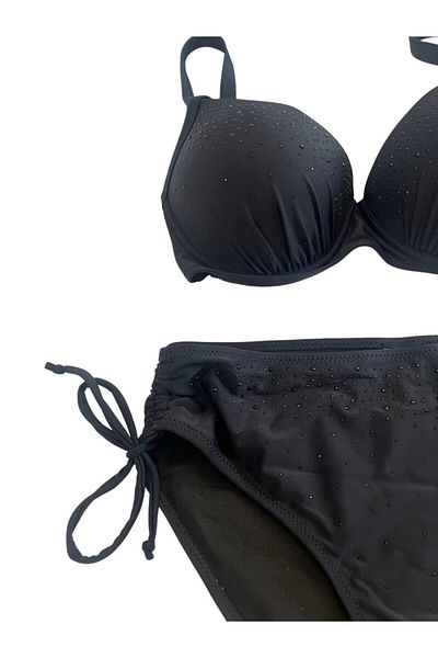 hazelin Women's Black Stone Embroidered Lined Plus Size Bikini Set Hzl25S-Lc2099