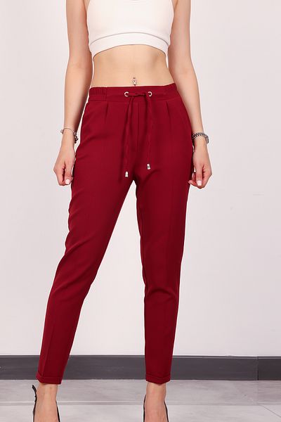 Stil Sepeti Women's Burgundy High Waist Elastic Narrow Leg Double Pocket Trousers Drl-1000464793