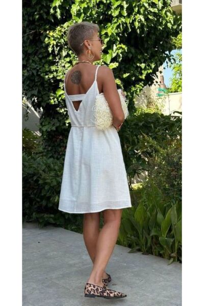 Nisan Triko Back Detailed Strappy Linen Dress